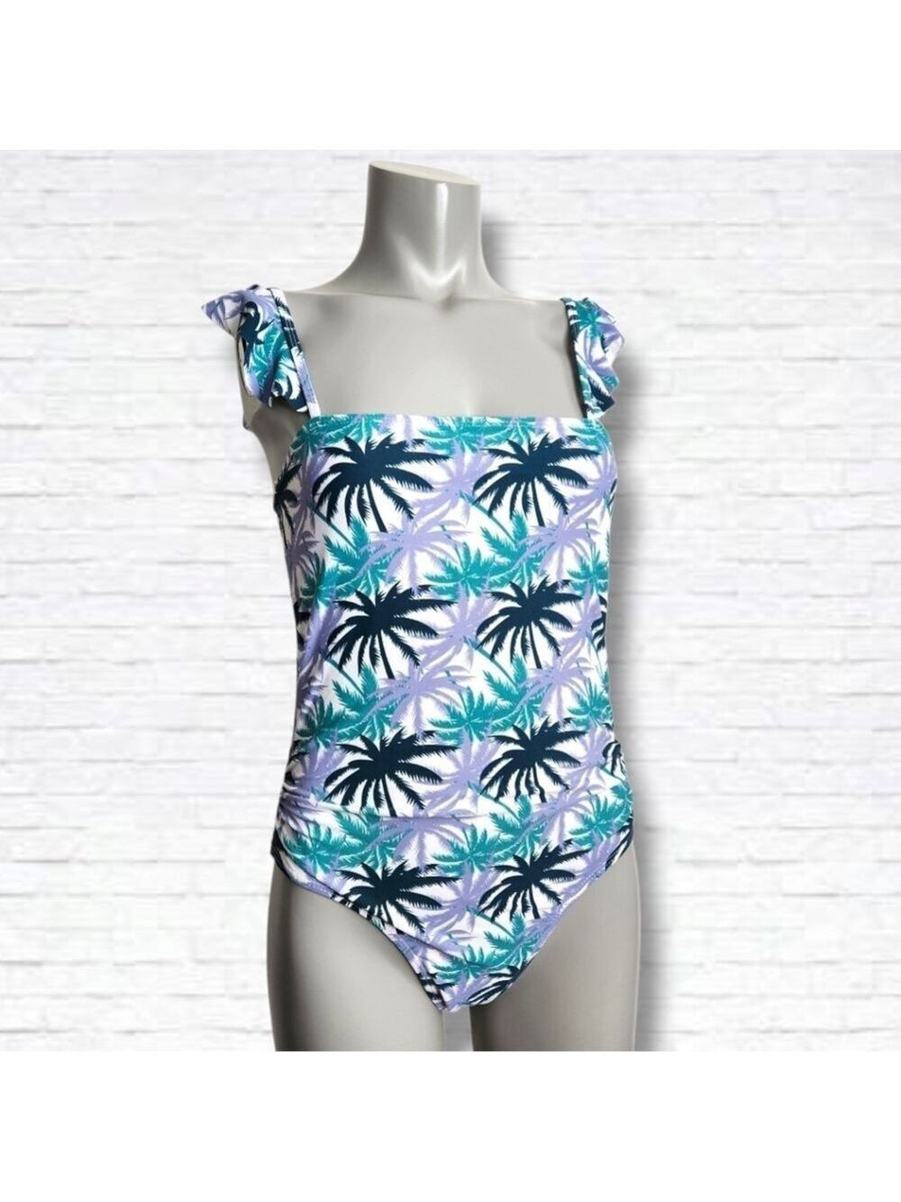 Jones New York Tropical Palm Print One Piece Ruffle Strap Bathing Suit Size M